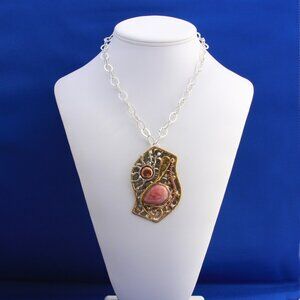 Vintage Pink Rhodochrosite 3 Metal Pendant Necklace, Spiritual Sun Pendant